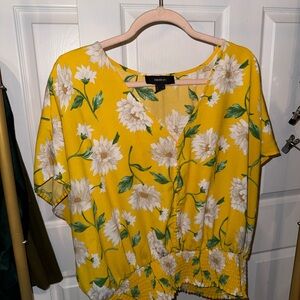 Yellow Floral V-Neck Smocked Hem Blouse